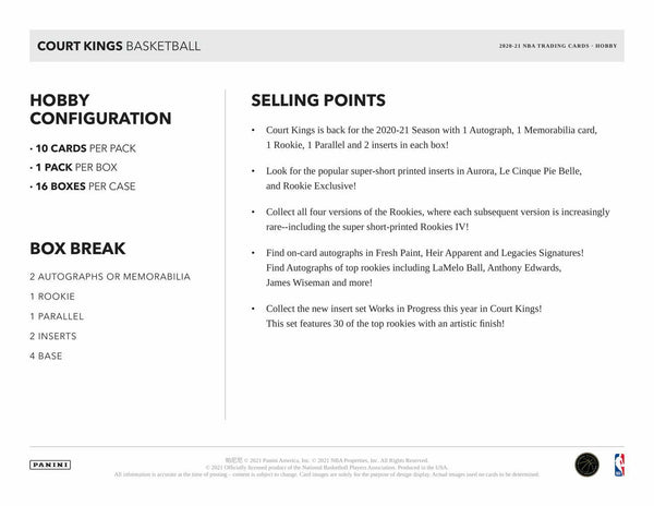 2020-21 Panini Court Kings Basketball Hobby Box - 皇巢卡店 Beehive Trading Card Shop