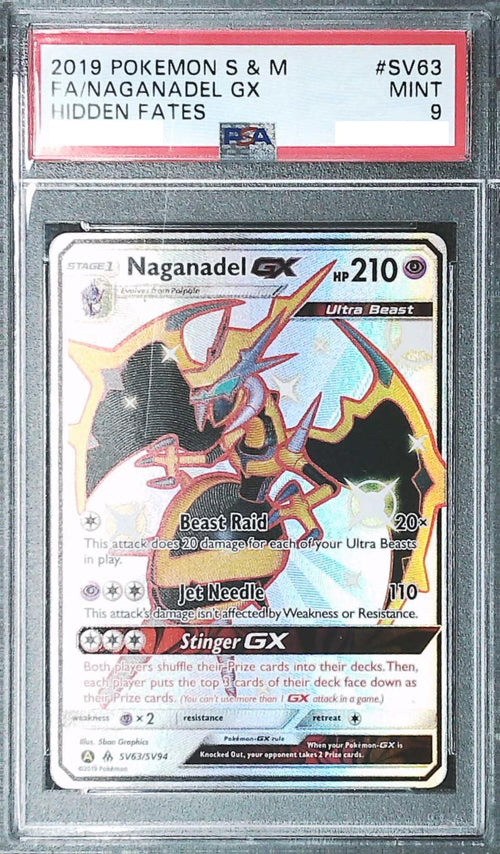 [PSA 9] 2019 Pokemon SUN &amp; MOON HIDDEN FATES SV63 FA/Naganadel GX
